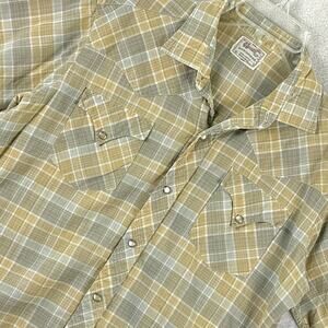 VTG H Bar C Camp Shirt Men L Yellow Gray Plaid Pearl Snap Western Cowboy 60s 70s